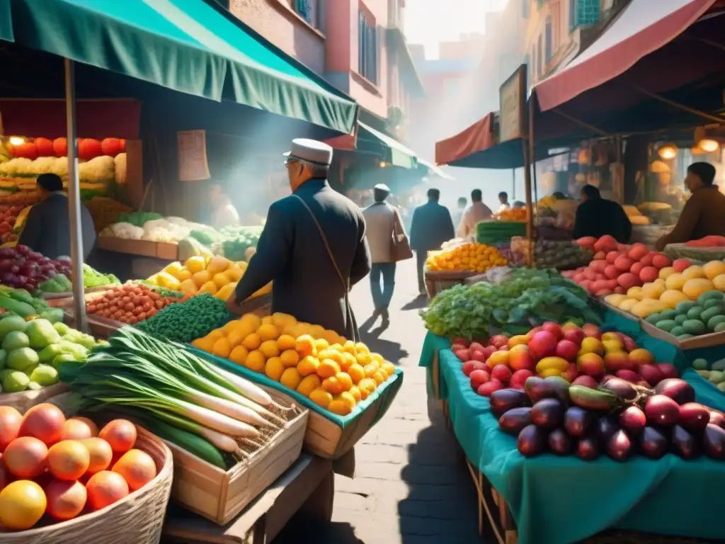 Un mercado local bullicioso lleno de colores y sabores, donde la gastronomía se entrelaza con la comunidad y la cultura