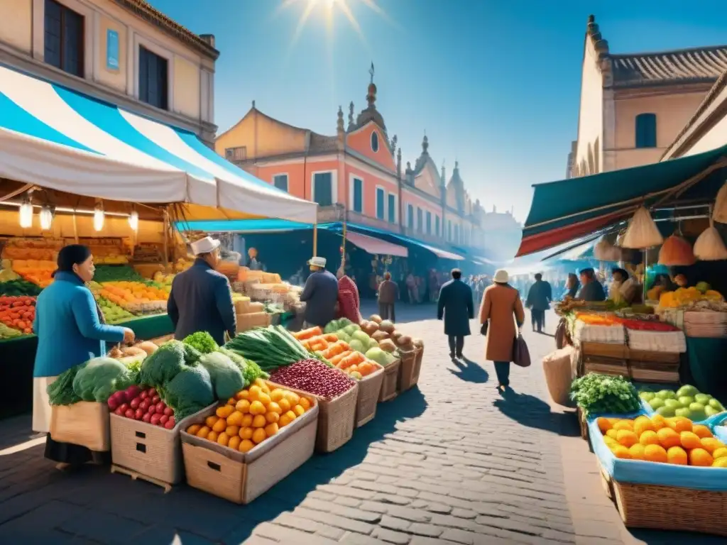 Un mercado local bullicioso lleno de puestos vibrantes con frutas, verduras y productos hechos a mano