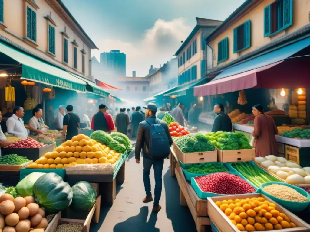 Un mercado local bullicioso, lleno de vida y colores, donde la cultura gastronómica se fusiona con la diversidad de la comunidad