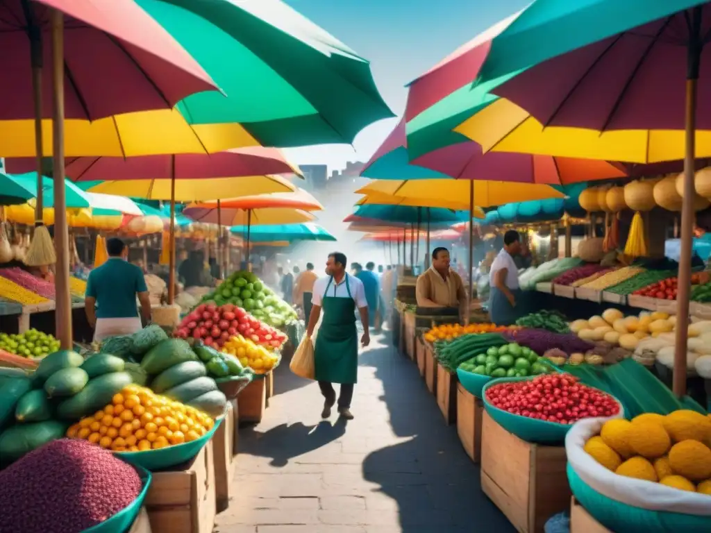 Un mercado local bullicioso en un pueblo latinoamericano, lleno de colores y texturas