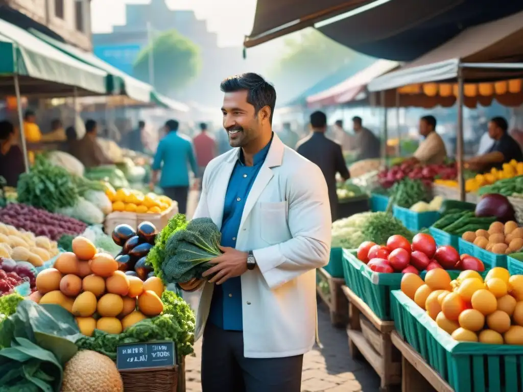 Un mercado local bullicioso con puestos vibrantes rebosantes de frutas, verduras y hierbas coloridas