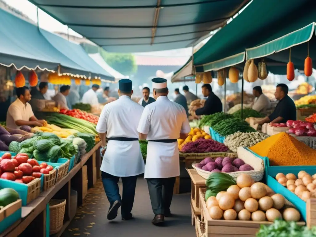 Mercado local bullicioso con puestos coloridos rebosantes de productos frescos, especias vibrantes e ingredientes únicos