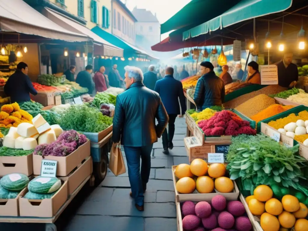 Un mercado local bullicioso con puestos coloridos rebosantes de productos frescos y gourmet