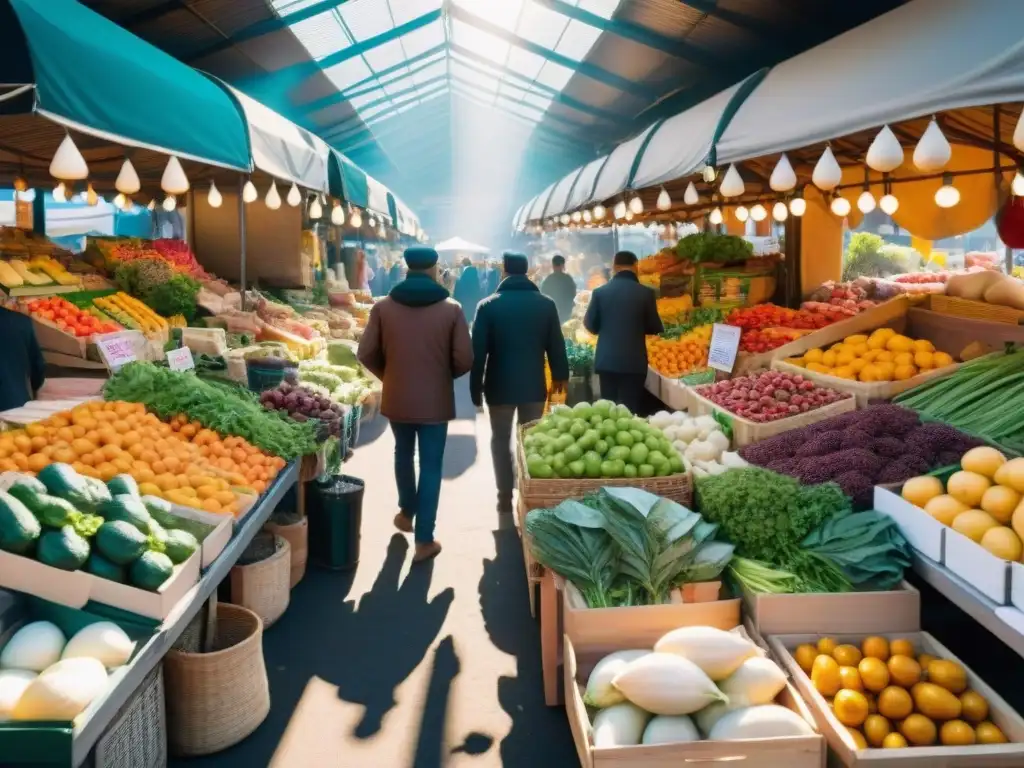 Un mercado local bullicioso con puestos rebosantes de frutas, verduras, hierbas y especias coloridas