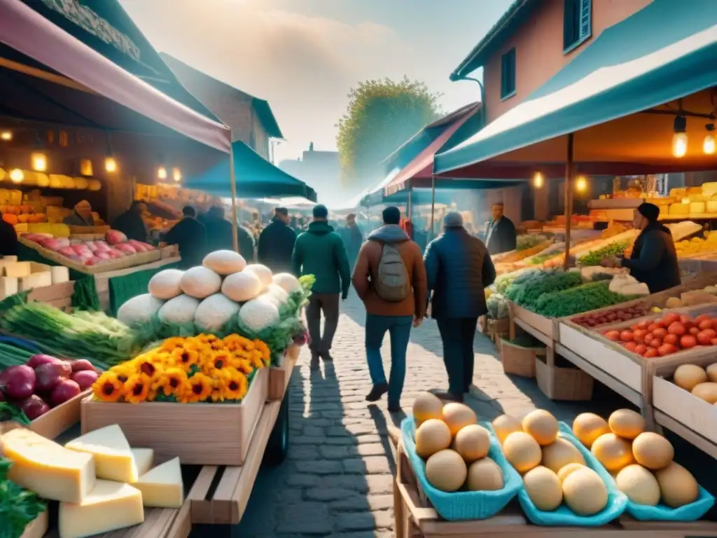 Un mercado local bullicioso con puestos coloridos rebosantes de productos frescos, quesos artesanales, pasteles y flores vibrantes