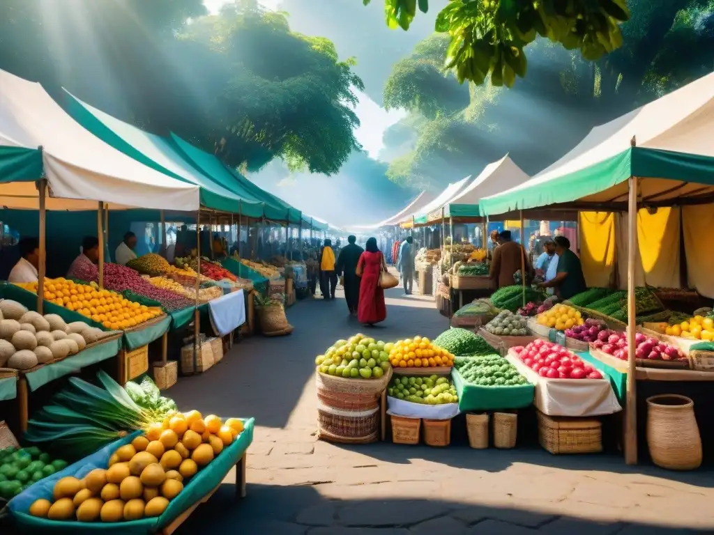 Un mercado local bullicioso con puestos coloridos rebosantes de frutas exóticas, verduras vibrantes y artesanías únicas