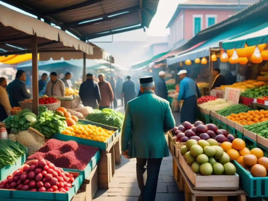 Un mercado local bullicioso con puestos coloridos rebosantes de alimentos frescos y delicias locales