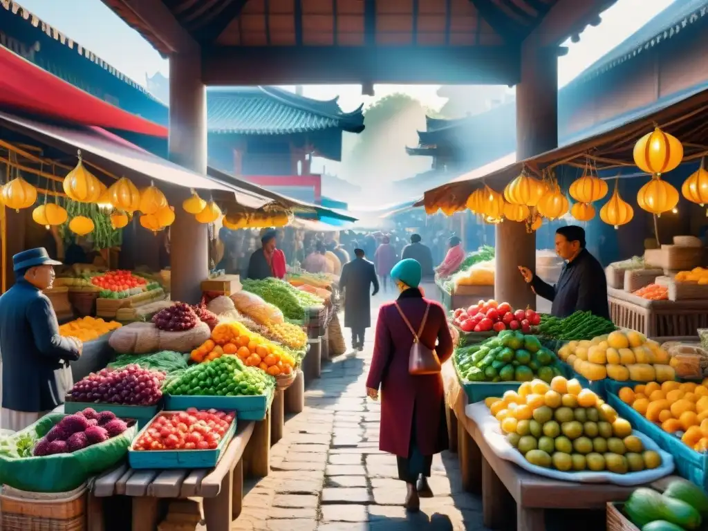 Un mercado local bullicioso con puestos vibrantes rebosantes de frutas, verduras y productos hechos a mano