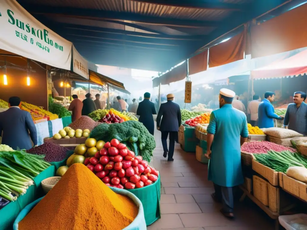 Un mercado local bullicioso rebosante de sabores auténticos en vibrantes puestos de productos frescos y especias coloridas