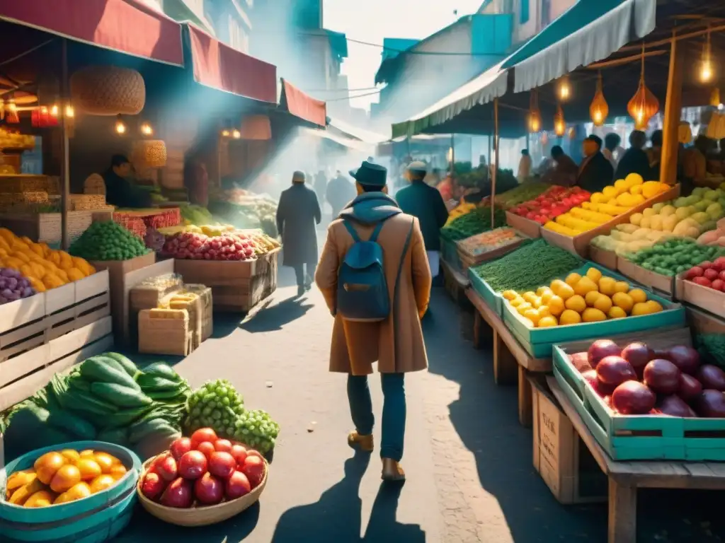 Un mercado local bullicioso con sabores auténticos y vibrantes colores de frutas, verduras y especias