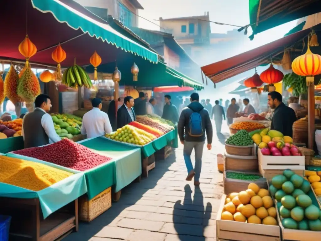 Un mercado local bullicioso con sabores auténticos en colores vibrantes y puestos diversos