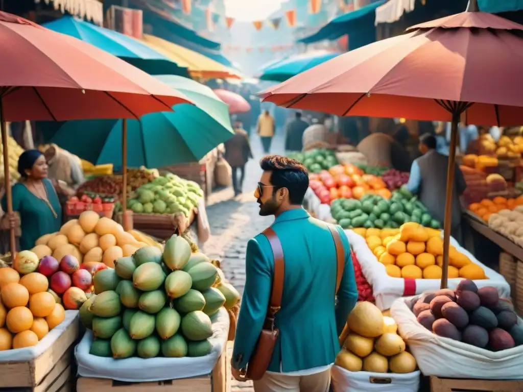 Un mercado local bullicioso con sabores exóticos y coloridos textiles, evocando aventura y descubrimiento