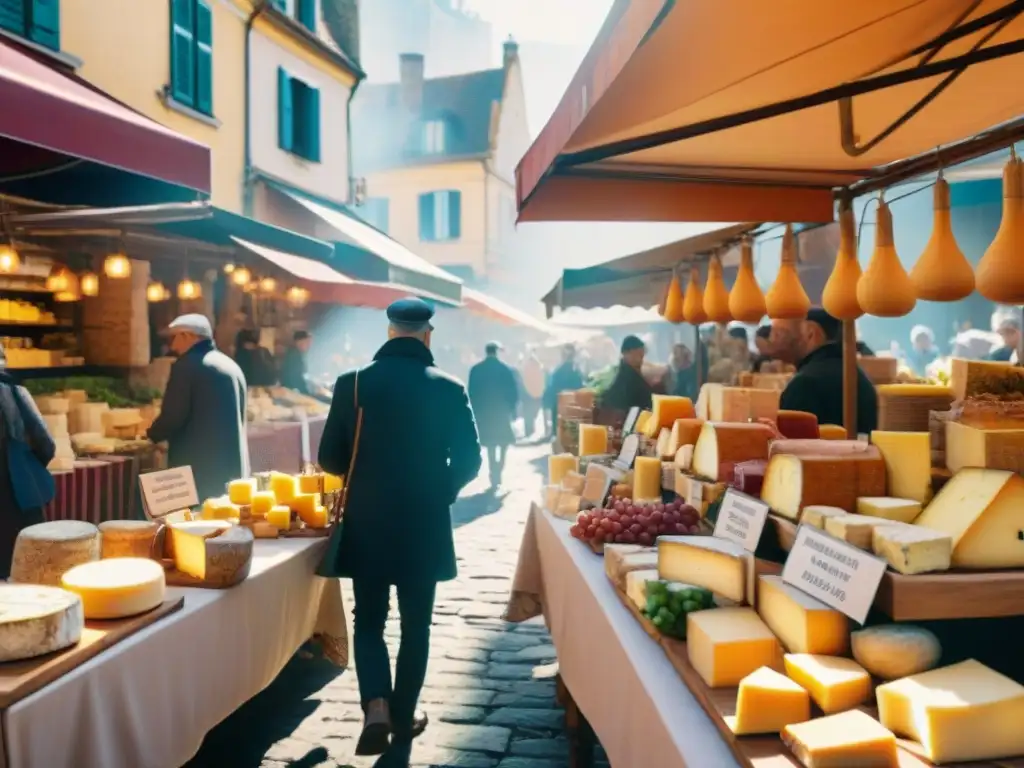 Un mercado local bullicioso con variedad de quesos y vinos bajo toldos coloridos