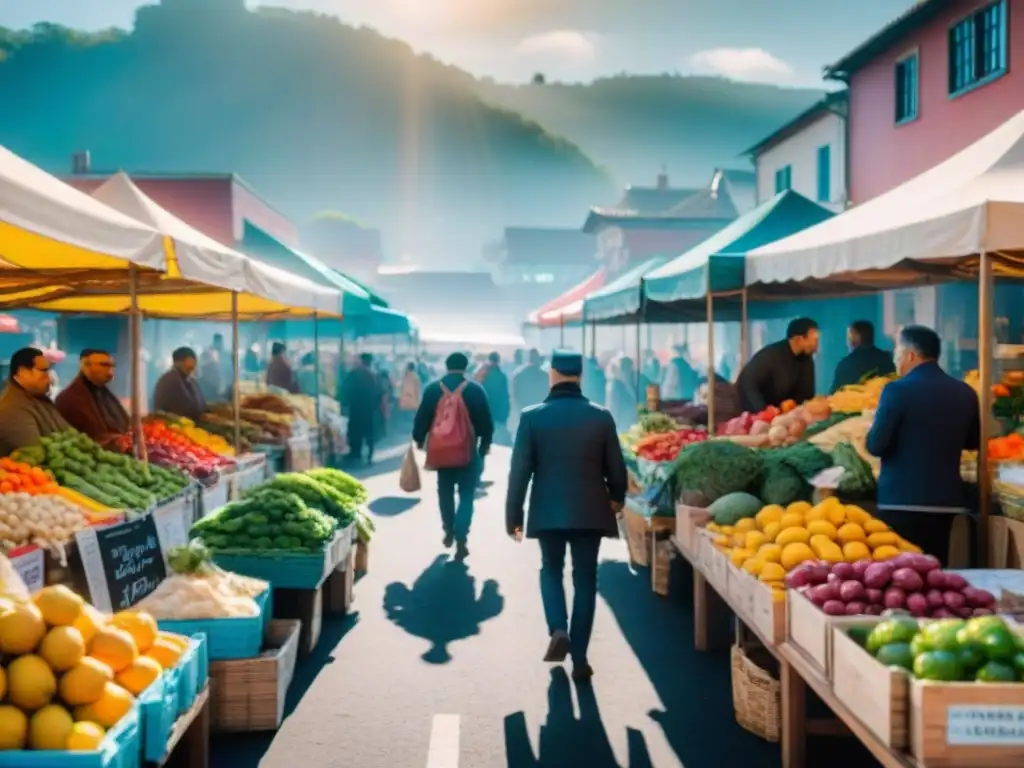 Un mercado local bullicioso y vibrante, repleto de coloridos puestos de frutas, verduras y delicias locales