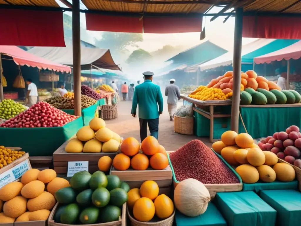 Un mercado local exótico rebosante de sabores gourmet y colores vibrantes bajo el sol tropical