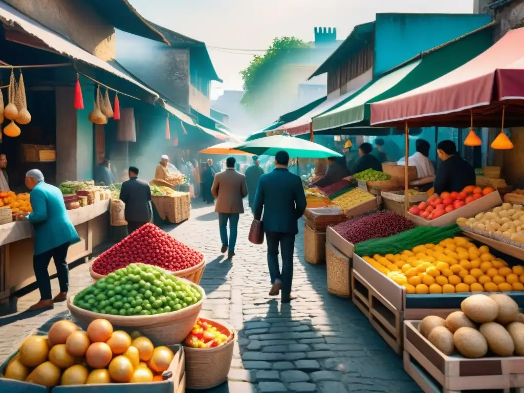 Un mercado local rebosante de vida y color, con puestos de frutas, especias y pan recién horneado bajo sombrillas