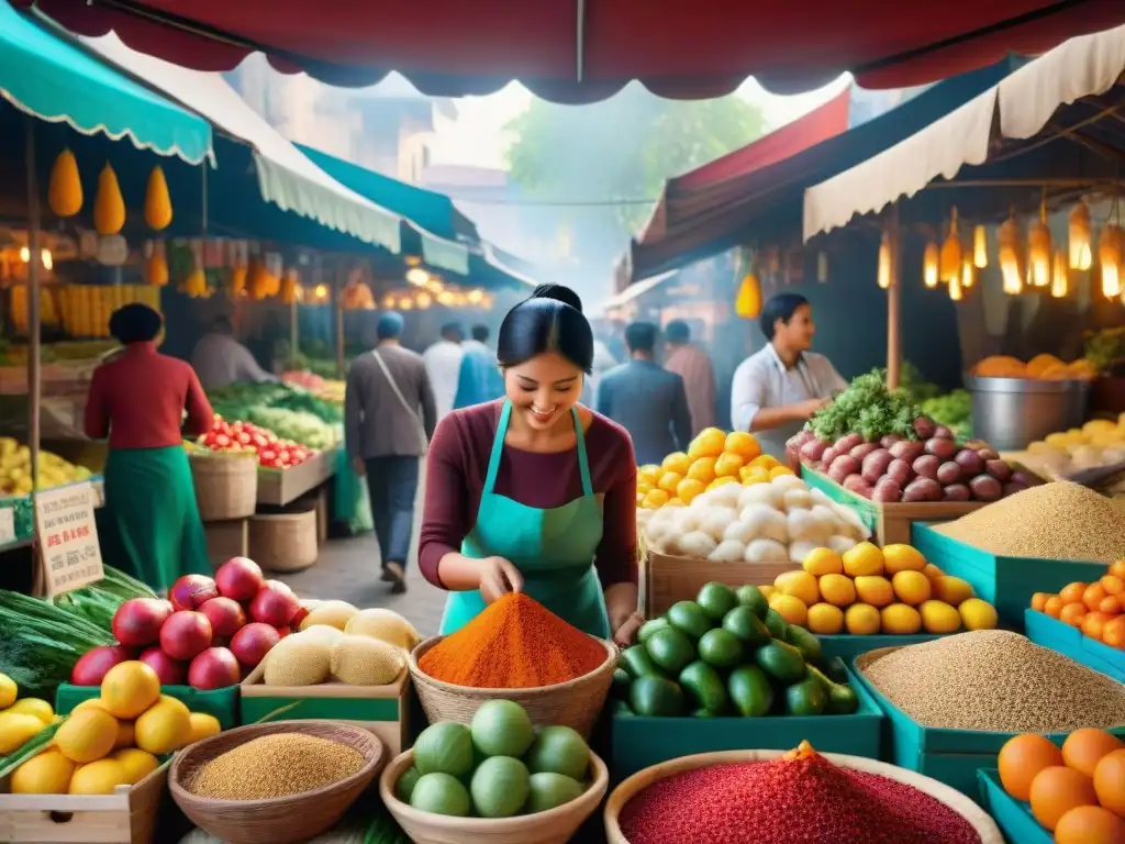 Un mercado local rebosante de vida y color, con puestos de frutas frescas y productos artesanales