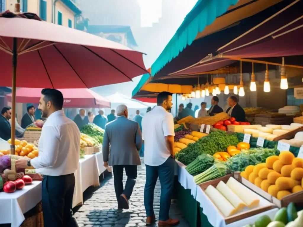 Un mercado local vibrante y bullicioso, repleto de productos frescos y gourmet