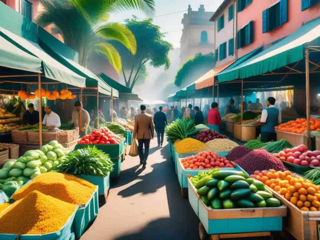 Un mercado local vibrante lleno de colores y sabores exóticos, invitando a una experiencia gourmet en un viaje sensorial