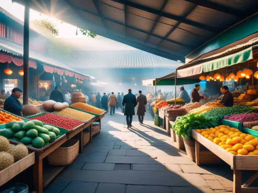 Un mercado local vibrante con productos frescos y colores intensos, donde la experiencia culinaria cobra vida