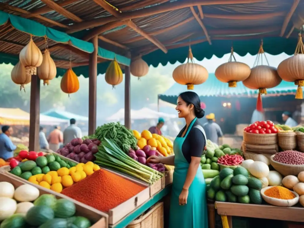 Un mercado local vibrante con puestos rebosantes de productos frescos y especias coloridas, en un escenario pintoresco