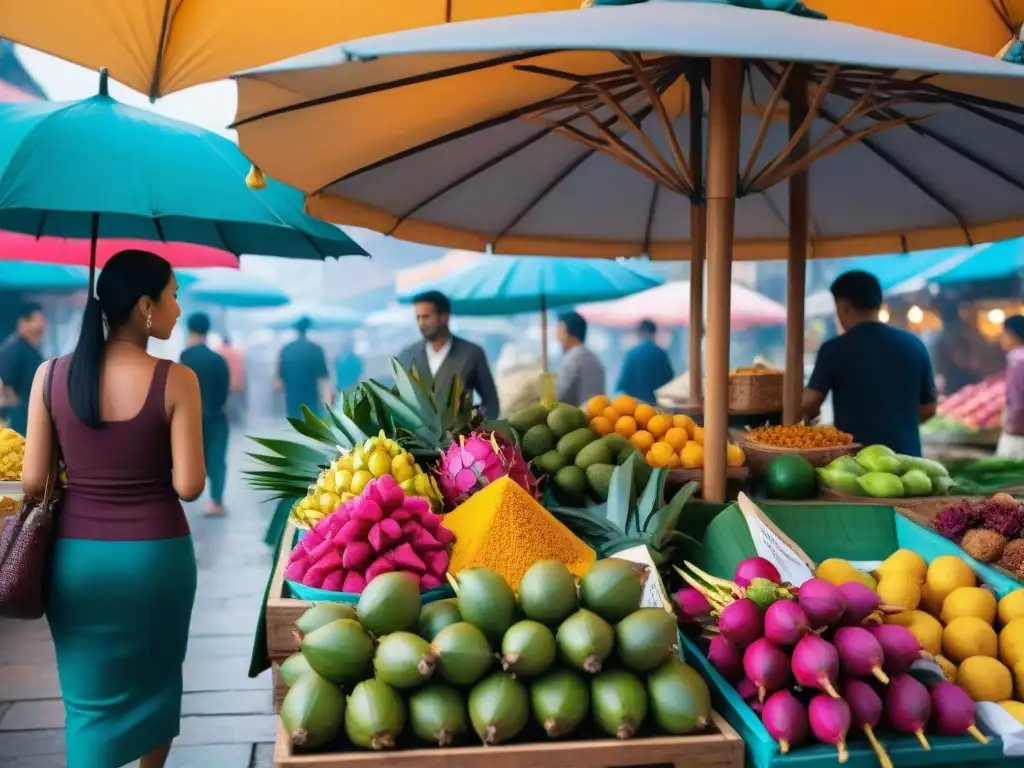 Un mercado local vibrante con sabores exóticos, colores y aromas gourmet que despiertan los sentidos