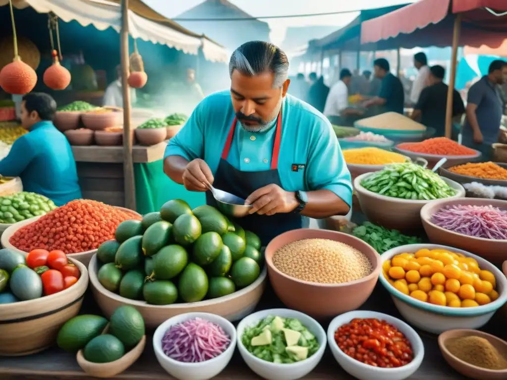 Un mercado marino mexicano vibrante, con ingredientes frescos y chefs preparando ceviches gourmet