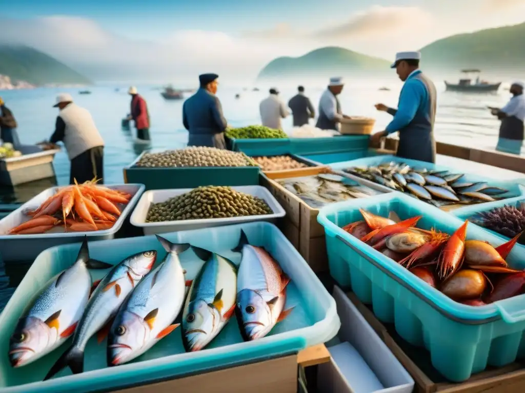 Un mercado de mariscos al aire libre vibrante y detallado, con pescados y mariscos frescos en exhibición