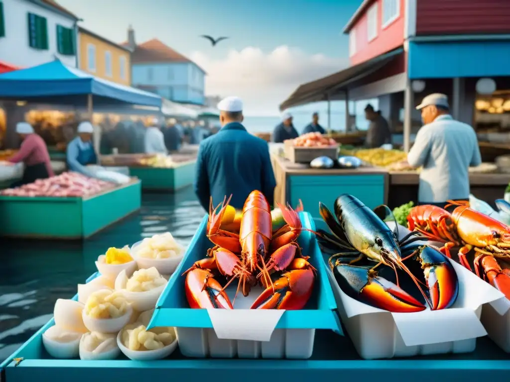 Un mercado de mariscos exóticos sostenibles gourmet en una bulliciosa ciudad costera