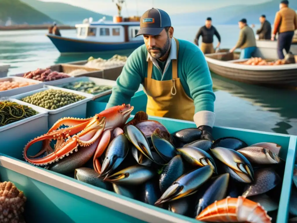 Un mercado de mariscos exóticos vibrante en un pueblo costero