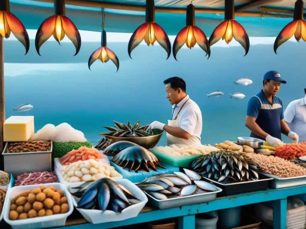 Un mercado de mariscos exóticos vibrante y colorido, con vendedores y clientes disfrutando de la frescura del mar