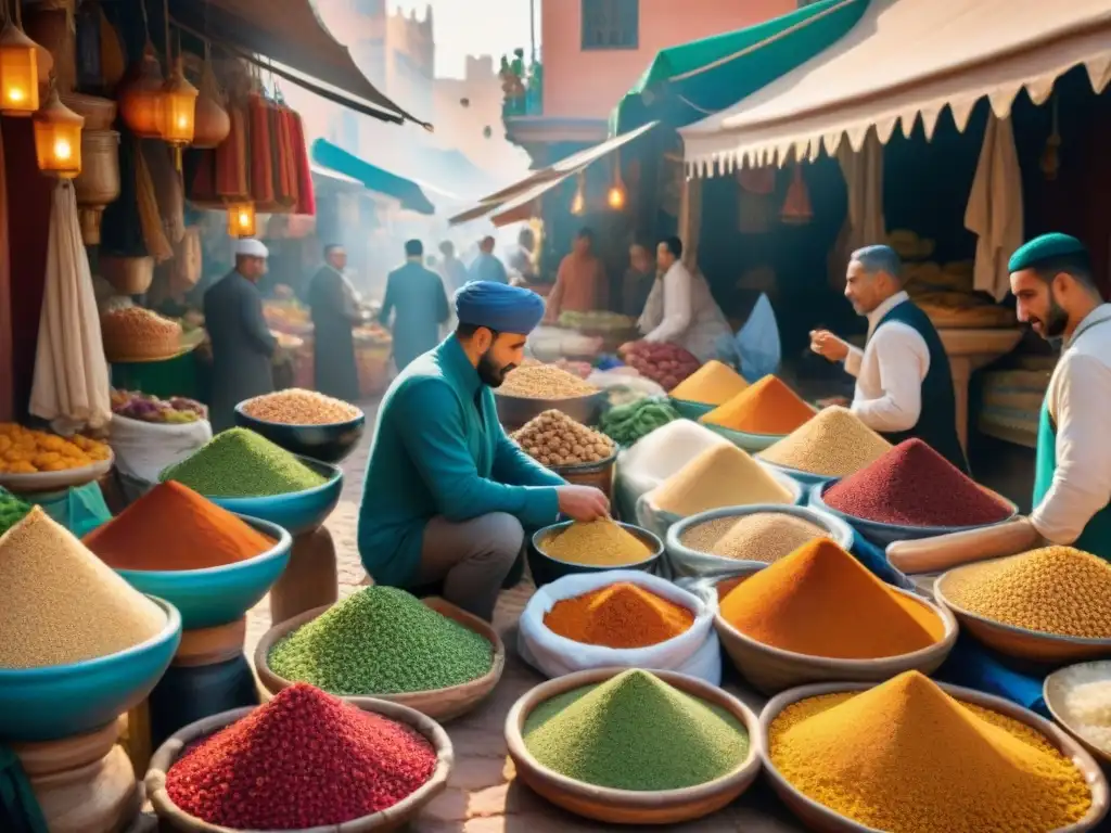 Un mercado marroquí lleno de vida con platos típicos Marruecos gourmet y colores vibrantes bajo la luz cálida del sol