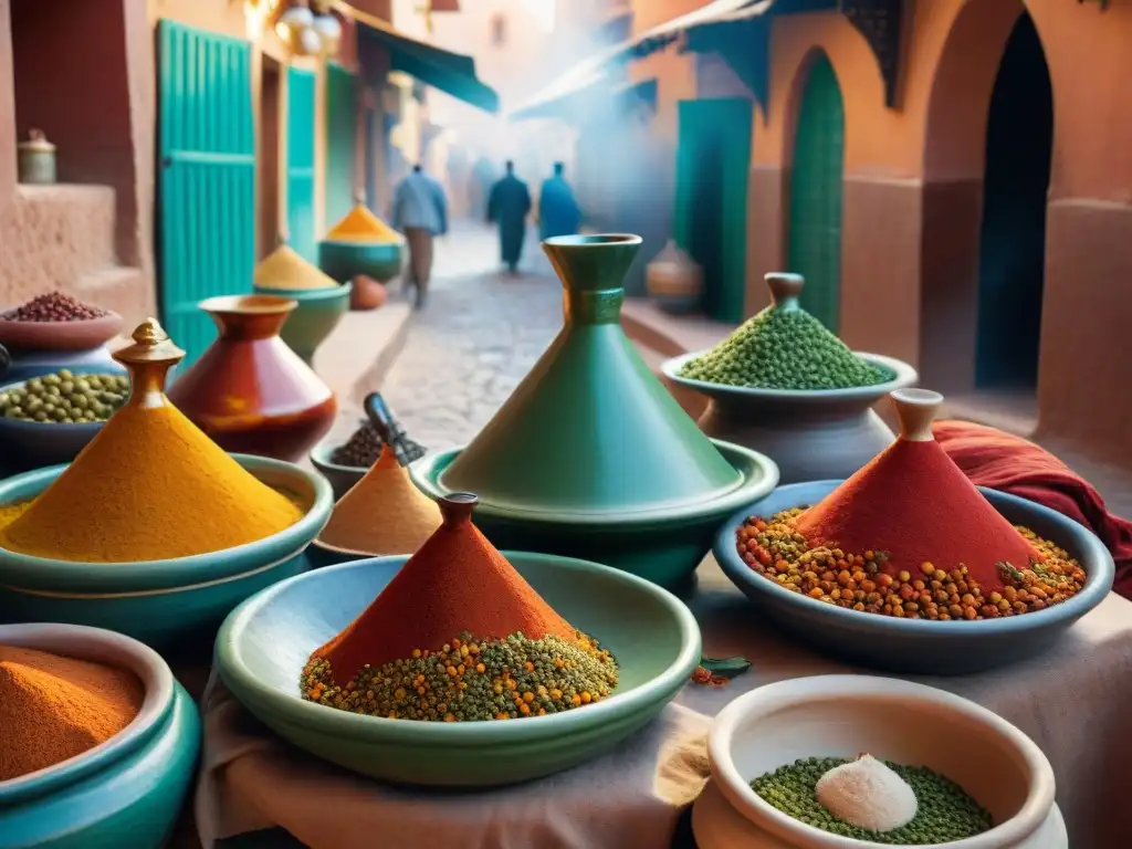 Un mercado marroquí rebosante de vida y color, con vendedores de especias, verduras frescas y tajines tradicionales