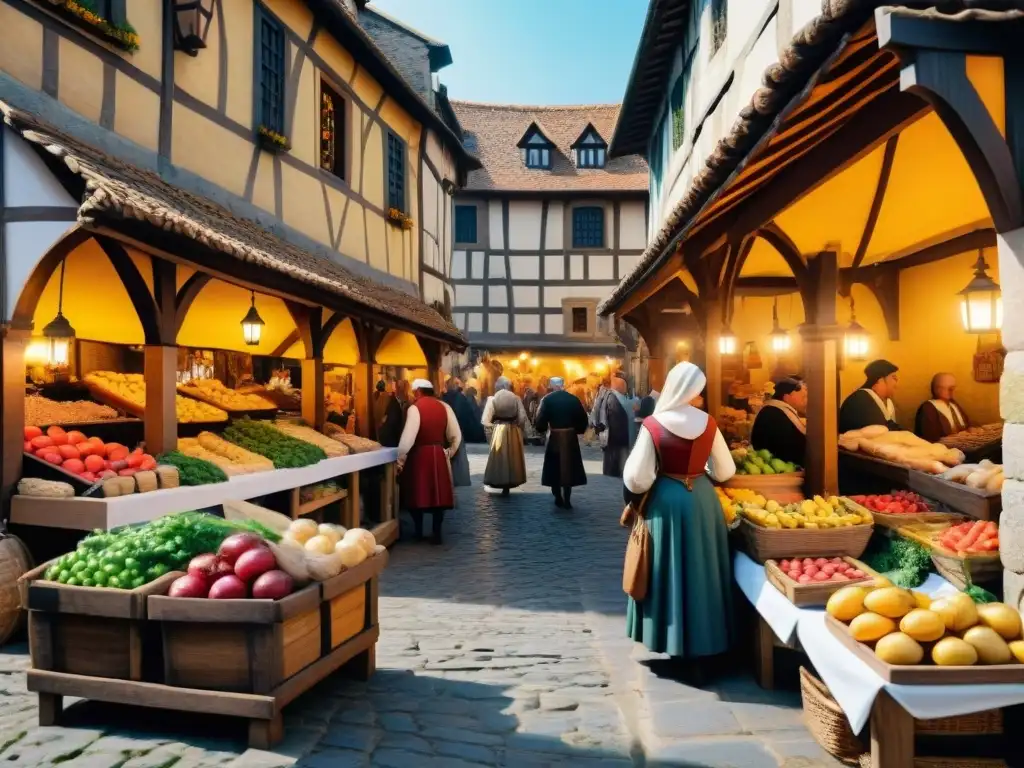 Un mercado medieval bullicioso con vendedores y alimentos variados, en una vibrante escena de Transición gastronomía medieval moderna