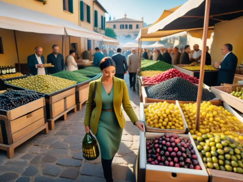 Un mercado mediterráneo bullicioso con aceites de oliva gourmet cultural en botellas y envases elegantes, reflejando la importancia culinaria