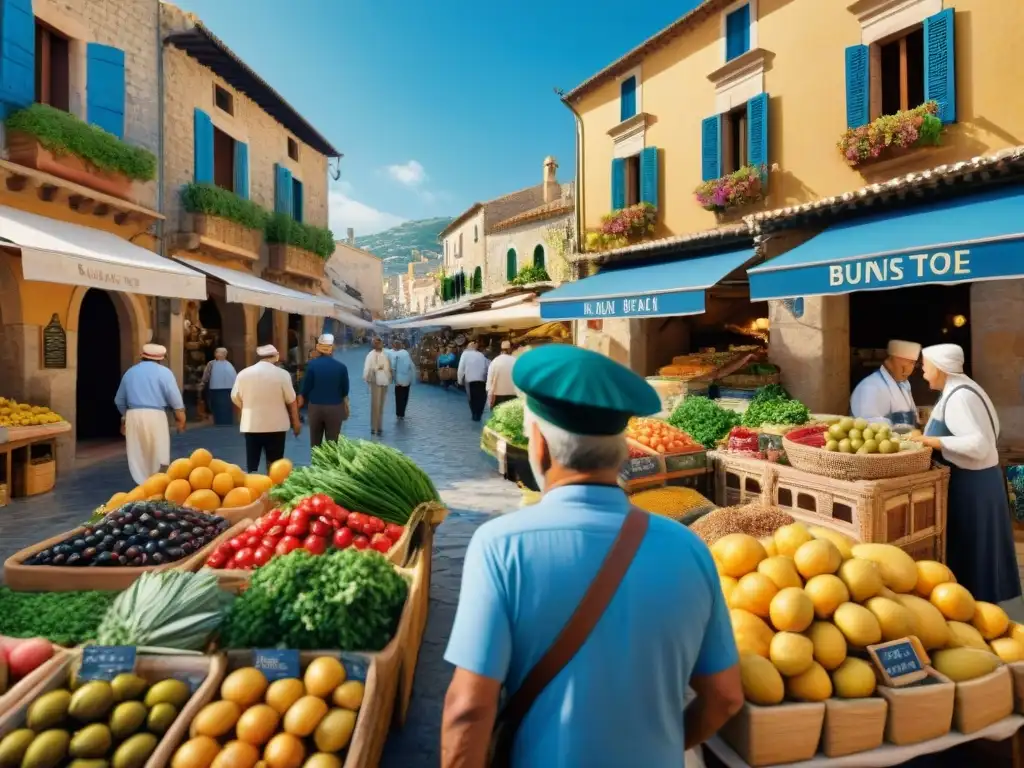 Un mercado mediterráneo bullicioso con puestos de frutas, verduras, aceitunas, hierbas y especias