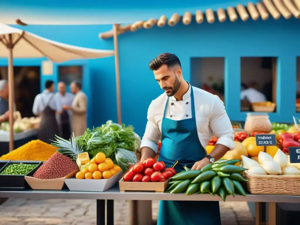 Un mercado mediterráneo vibrante lleno de vida, colores y sabores, reflejando la influencia de la gastronomía en Instagram