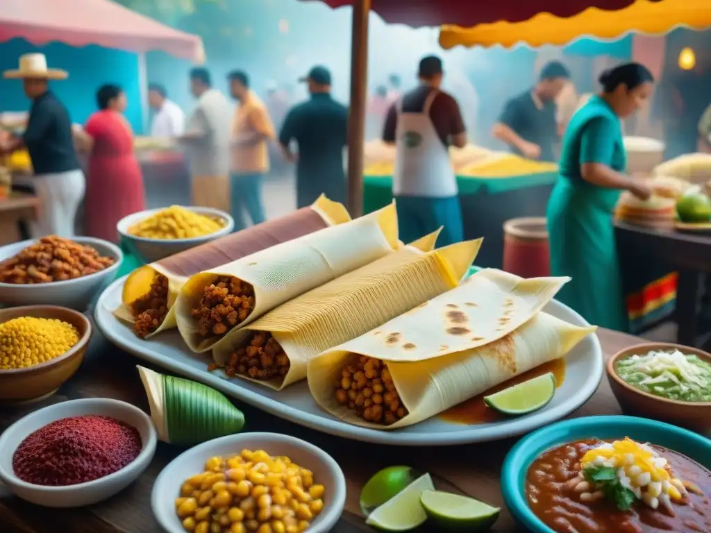 Un mercado mexicano colorido y animado, con puestos de comida de maíz y decoraciones tradicionales