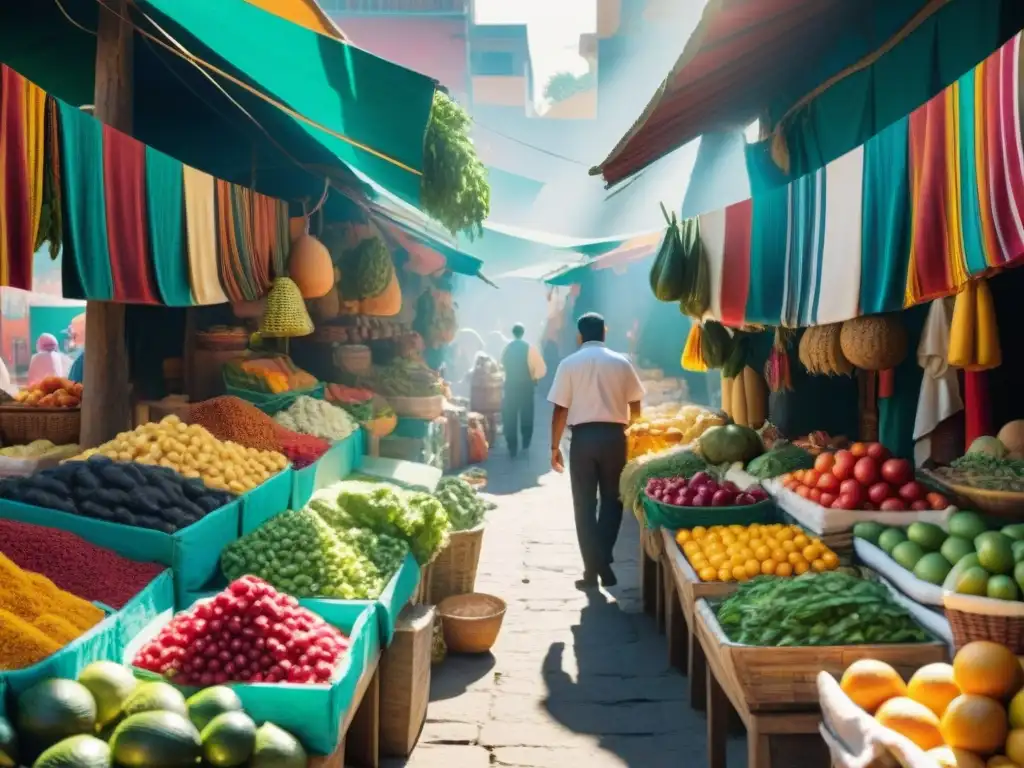 Un mercado mexicano lleno de color y vida, reflejando la cultura culinaria con ingredientes auténticos