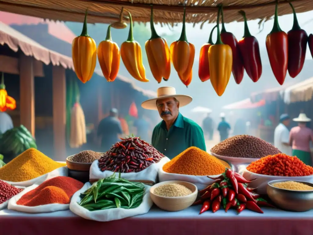 Mercado mexicano: Chiles vibrantes y coloridos Un mercado mexicano rebosante de chiles autóctonos: habaneros rojos, chipotles ahumados y pasillas terrosas