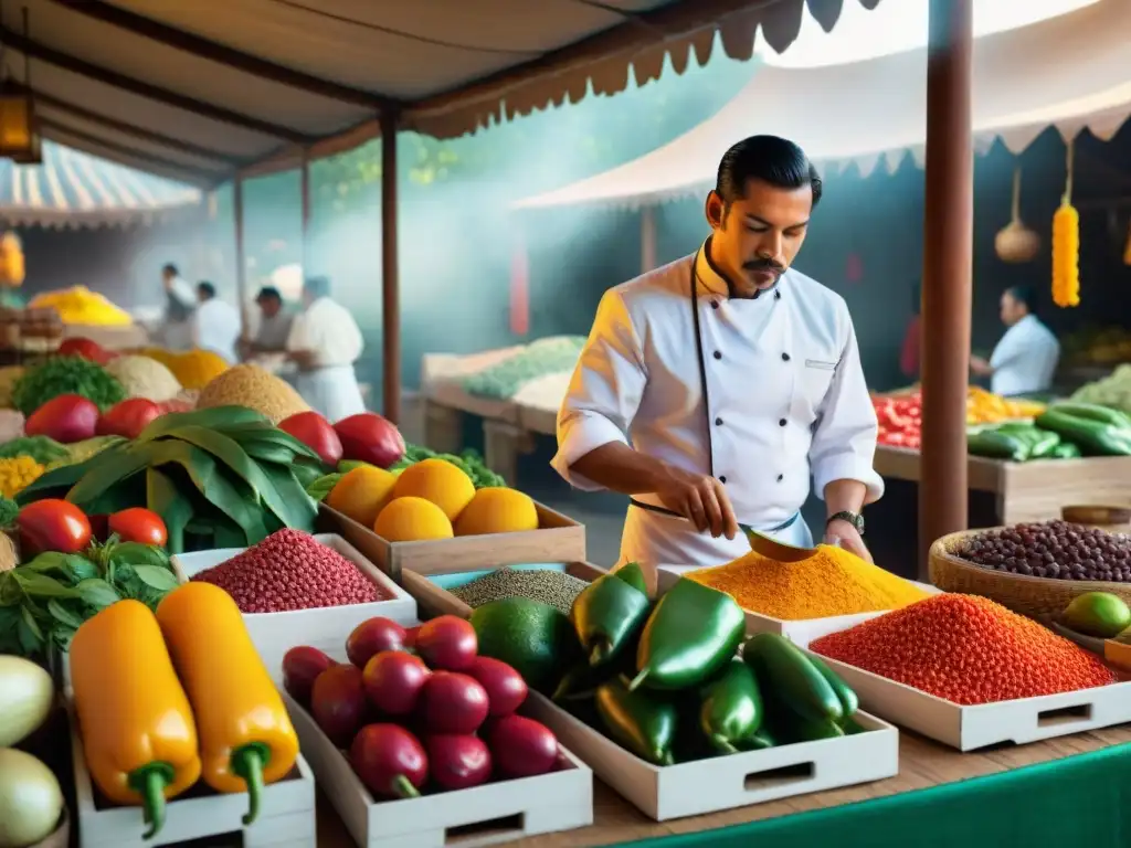 Un mercado mexicano rebosante de colores y sabores, donde un chef elige ingredientes frescos, capturando el viaje gourmet sabores mexicanos