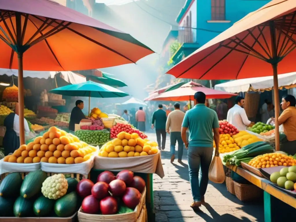 Un mercado mexicano tradicional rebosante de vida y color, con vendedores y clientes interactuando entre frutas, verduras y delicias locales