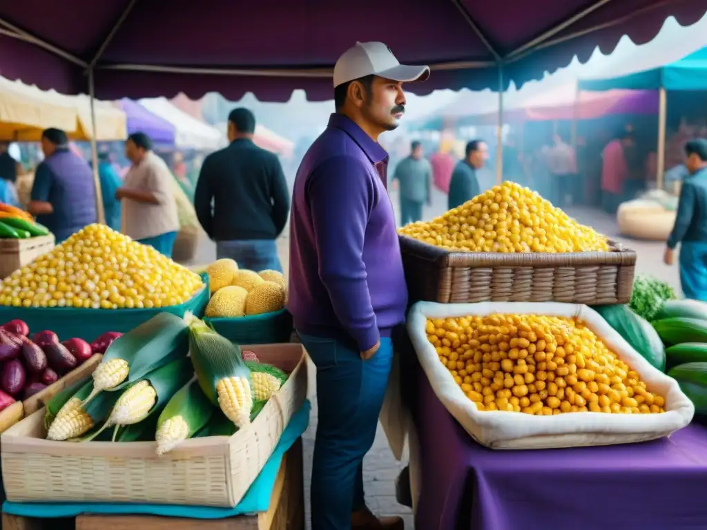 Mercado mexicano vibrante con maíz amarillo, blanco y morado en cestas tejidas, ingredientes mexicanos platos internacionales