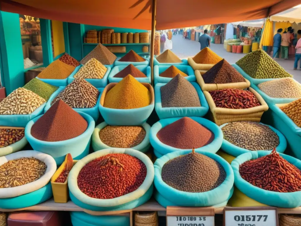 Un mercado mexicano vibrante con chapulines insectos comestibles gourmet, cestas y especias coloridas bajo la luz dorada