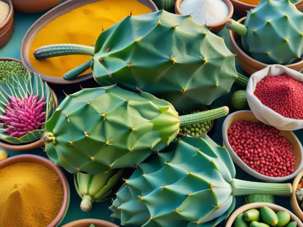 Un mercado mexicano vibrante con nopales frescos y coloridos, exhibiendo la importancia del nopal en la gastronomía actual