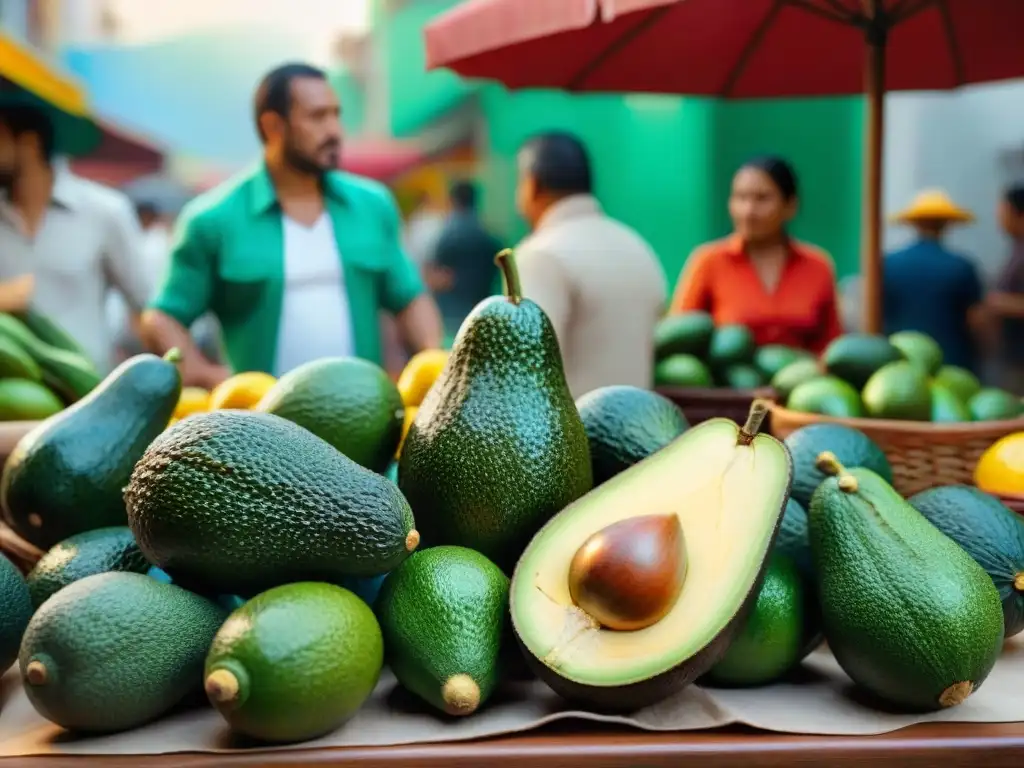 Un mercado mexicano vibrante con una variedad de aguacates frescos