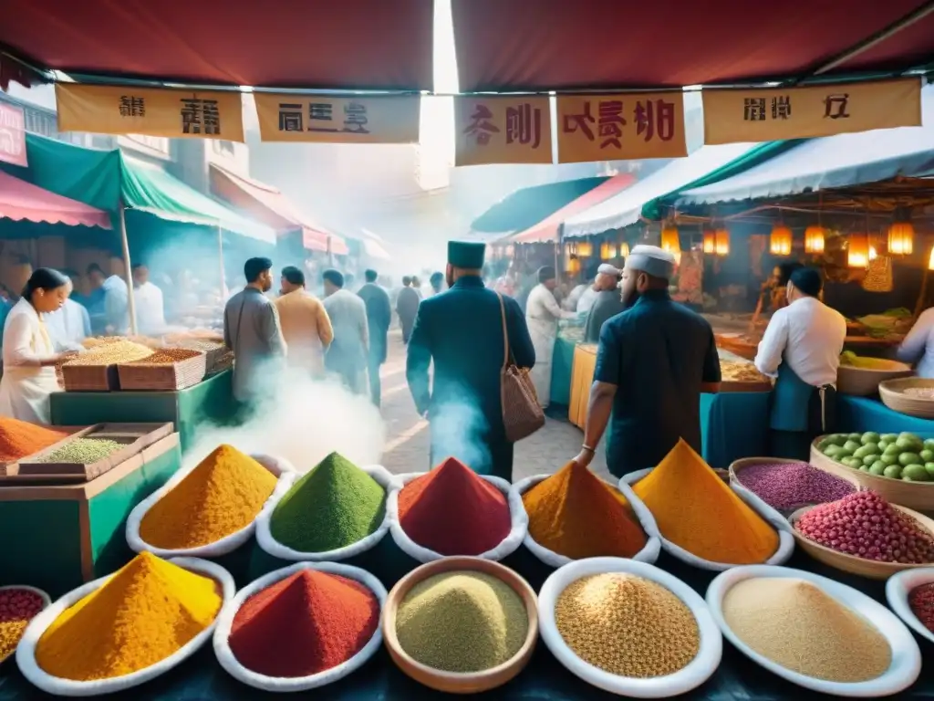 Un mercado multicultural bullicioso y colorido, donde la fusión étnica de comidas tradicionales crea un cambio cultural vibrante