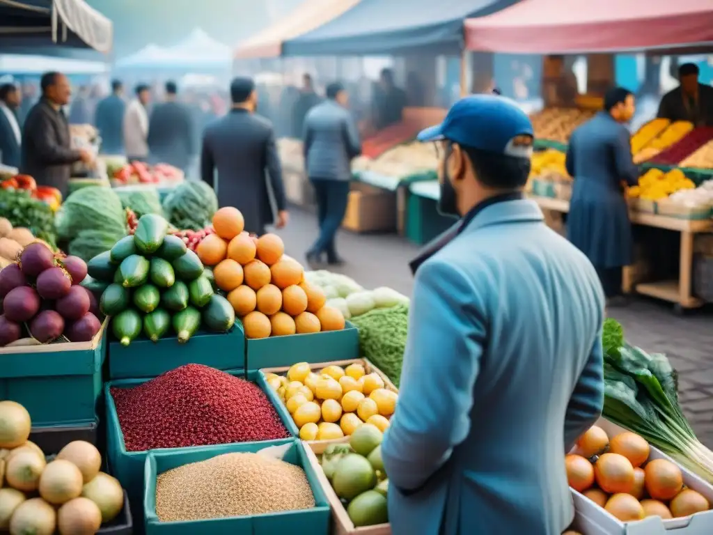 Un mercado multicultural bullicioso, con puestos rebosantes de frutas, verduras, especias y comida callejera de diversas culturas