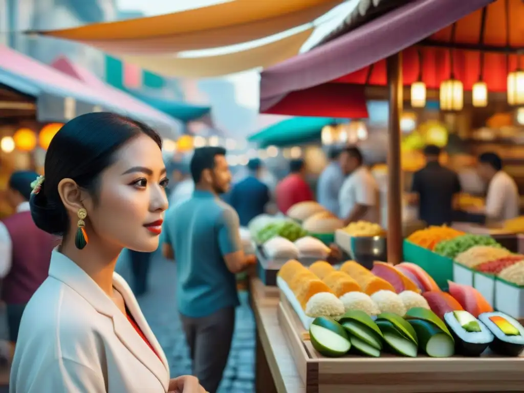 Un mercado multicultural vibrante reflejando la fusión de culturas culinarias en una ciudad diversa