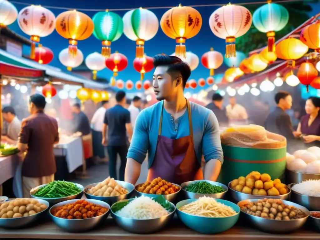 Un mercado nocturno asiático con influencia en la cocina occidental, repleto de puestos de comida y clientes diversos bajo el cielo estrellado